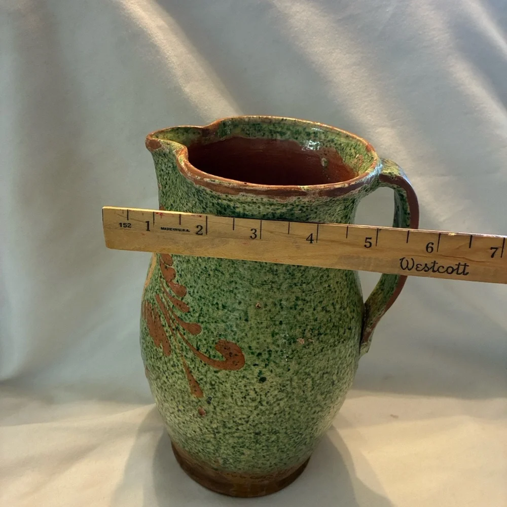 Italian ceramic pitcher rustic or folk art style, speckled green glaze Red Clay